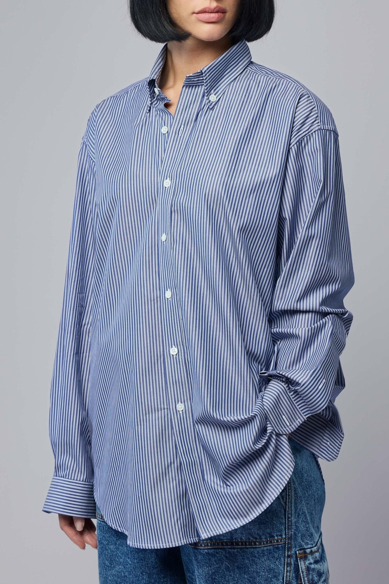 Women Striped Fly Away Collar Button Down Woven