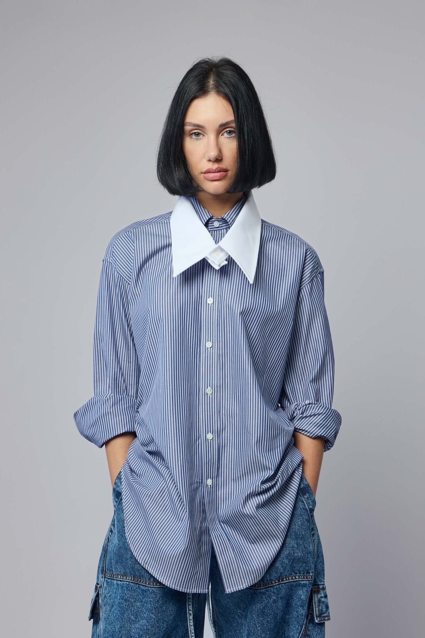 Women Striped Fly Away Collar Button Down Woven