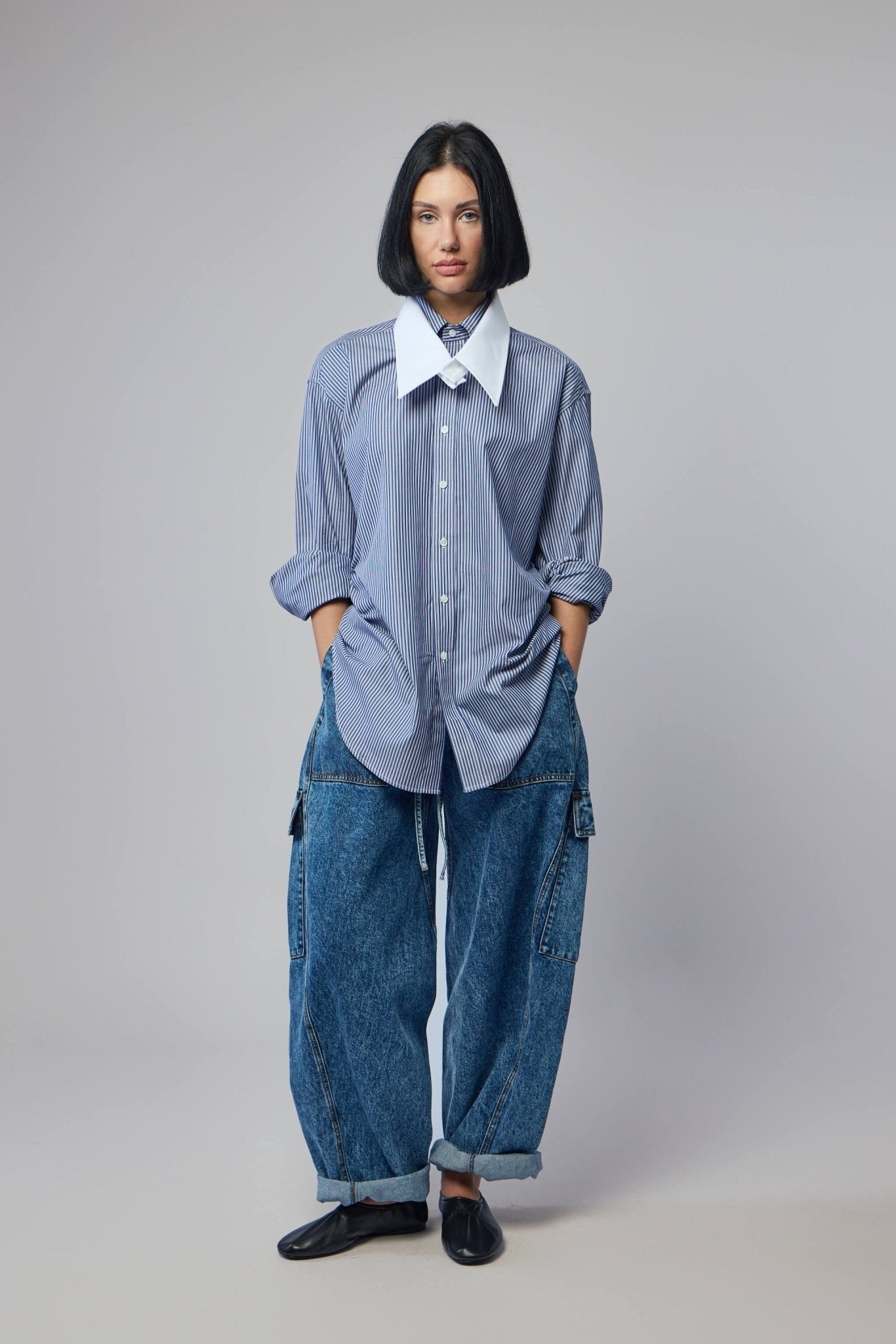 Women Striped Fly Away Collar Button Down Woven