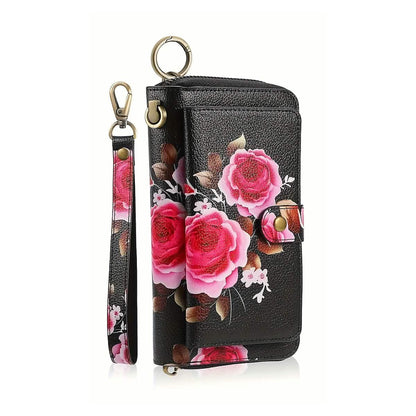 Floral Rose Print Long Wallet with Card Slots and Phone Pocket
