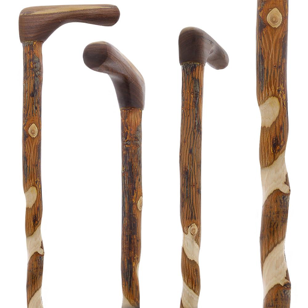 Elegant Spiral & Natural Bark Cane: Hickory & Walnut Craft