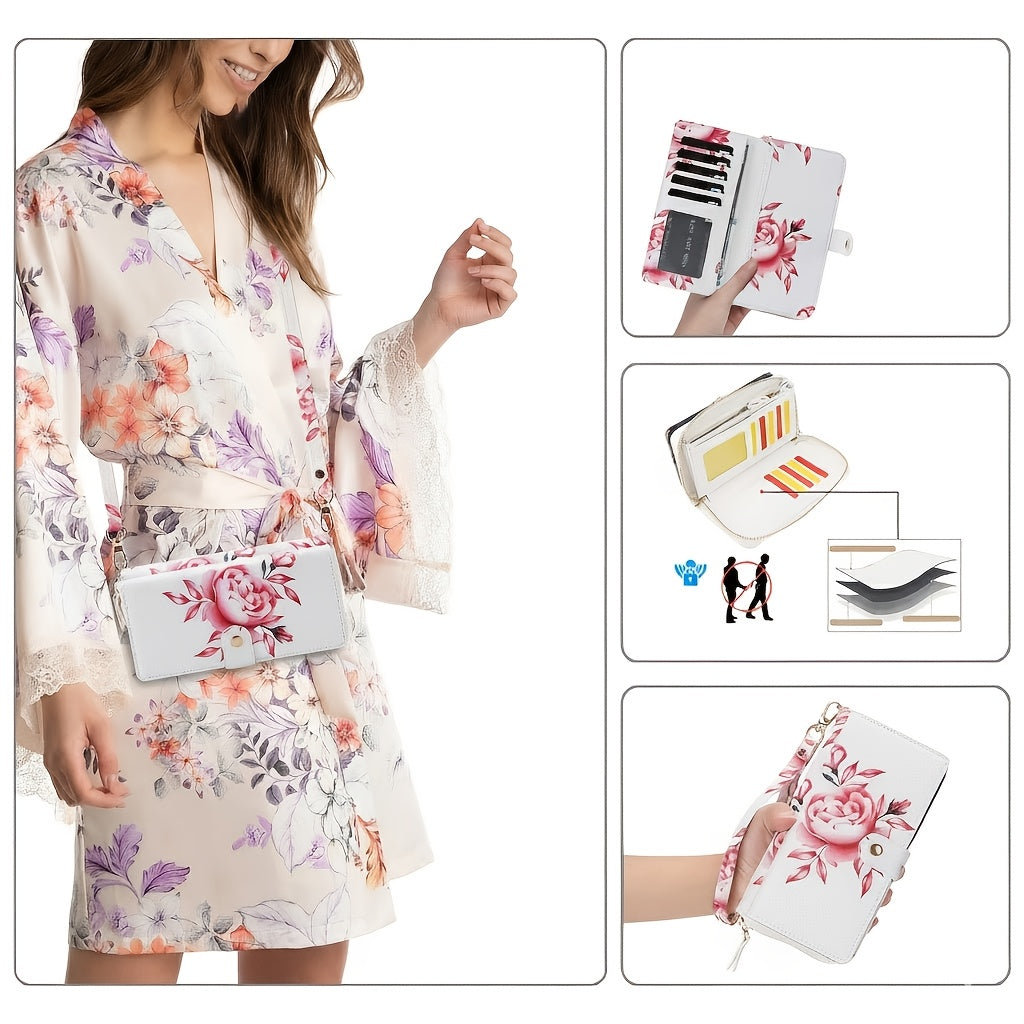 Floral Print Crossbody Phone Wallet with Detachable Shoulder Strap and Wristlet