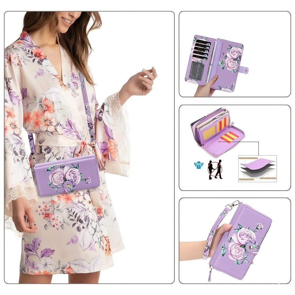 Floral Print Crossbody Phone Wallet with Detachable Shoulder Strap and Wristlet