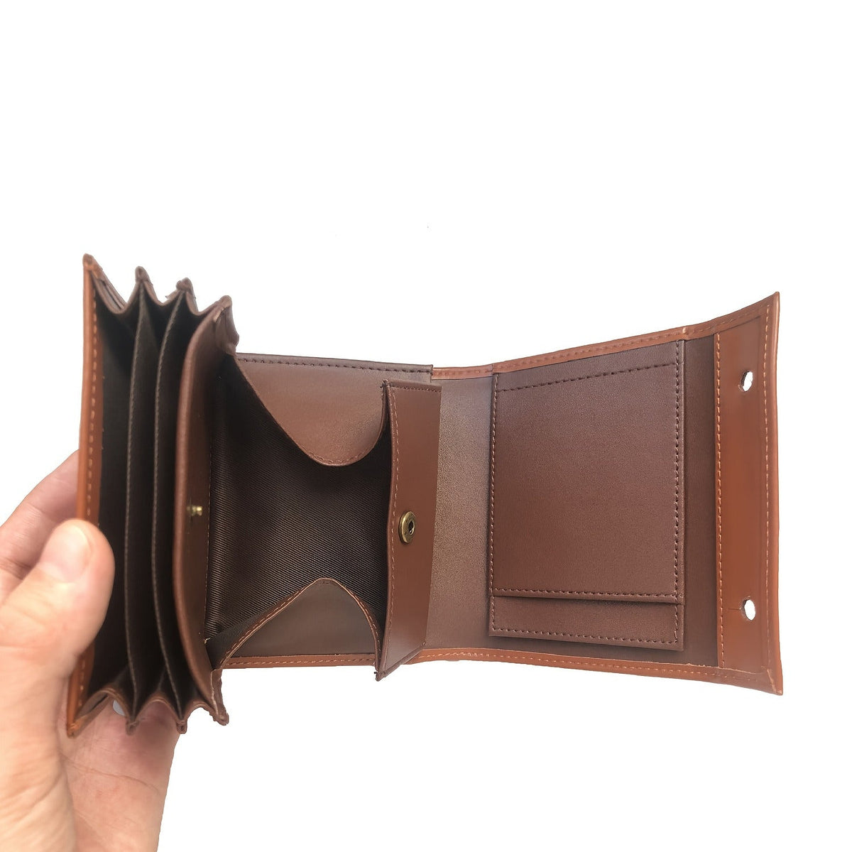 Compact Accordion Trifold Leather Wallet with Snap Coin Pocket