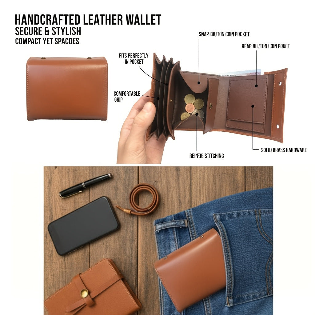 Compact Accordion Trifold Leather Wallet with Snap Coin Pocket