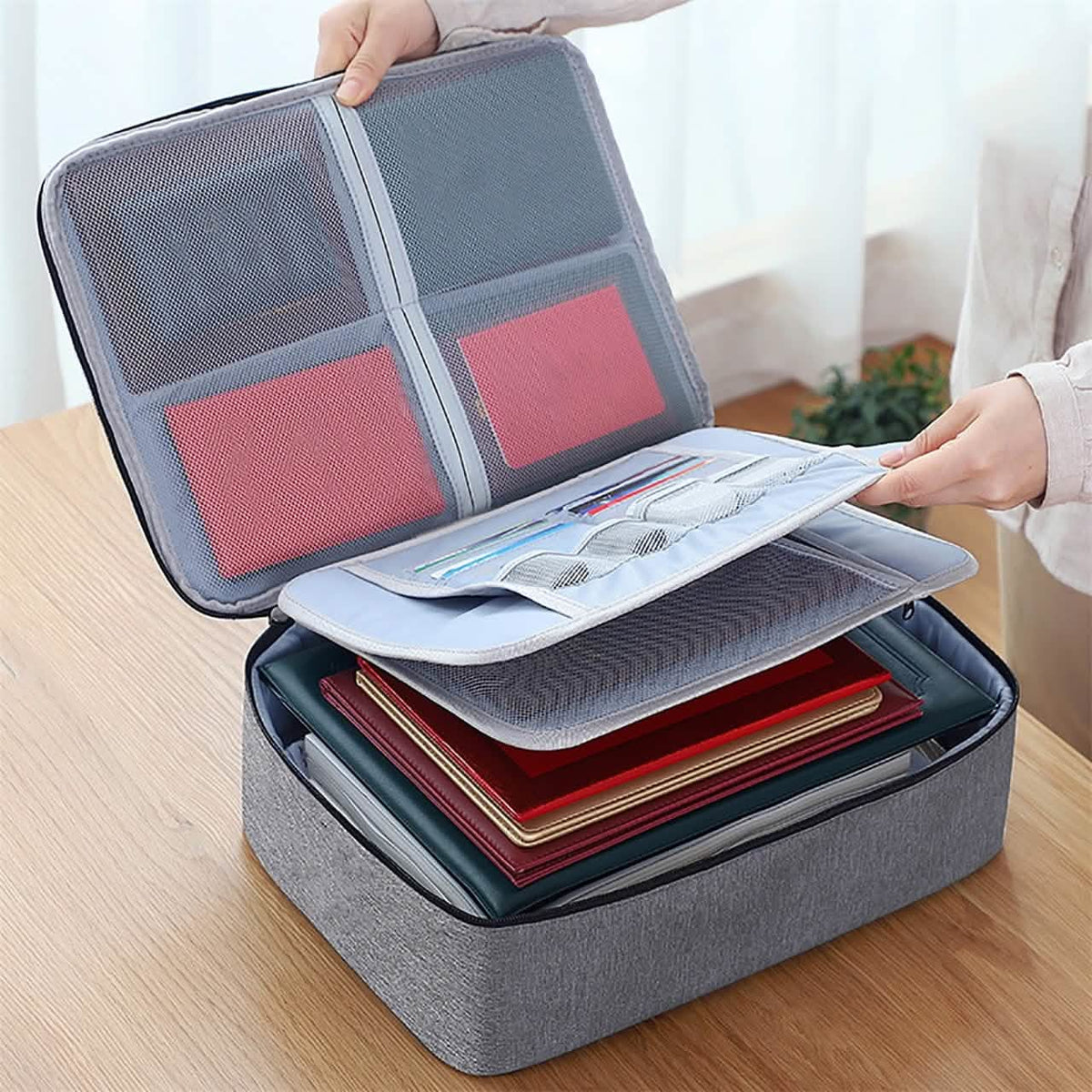 Fireproof Document Organizer Box with Mesh Pockets, 14.6 Inch