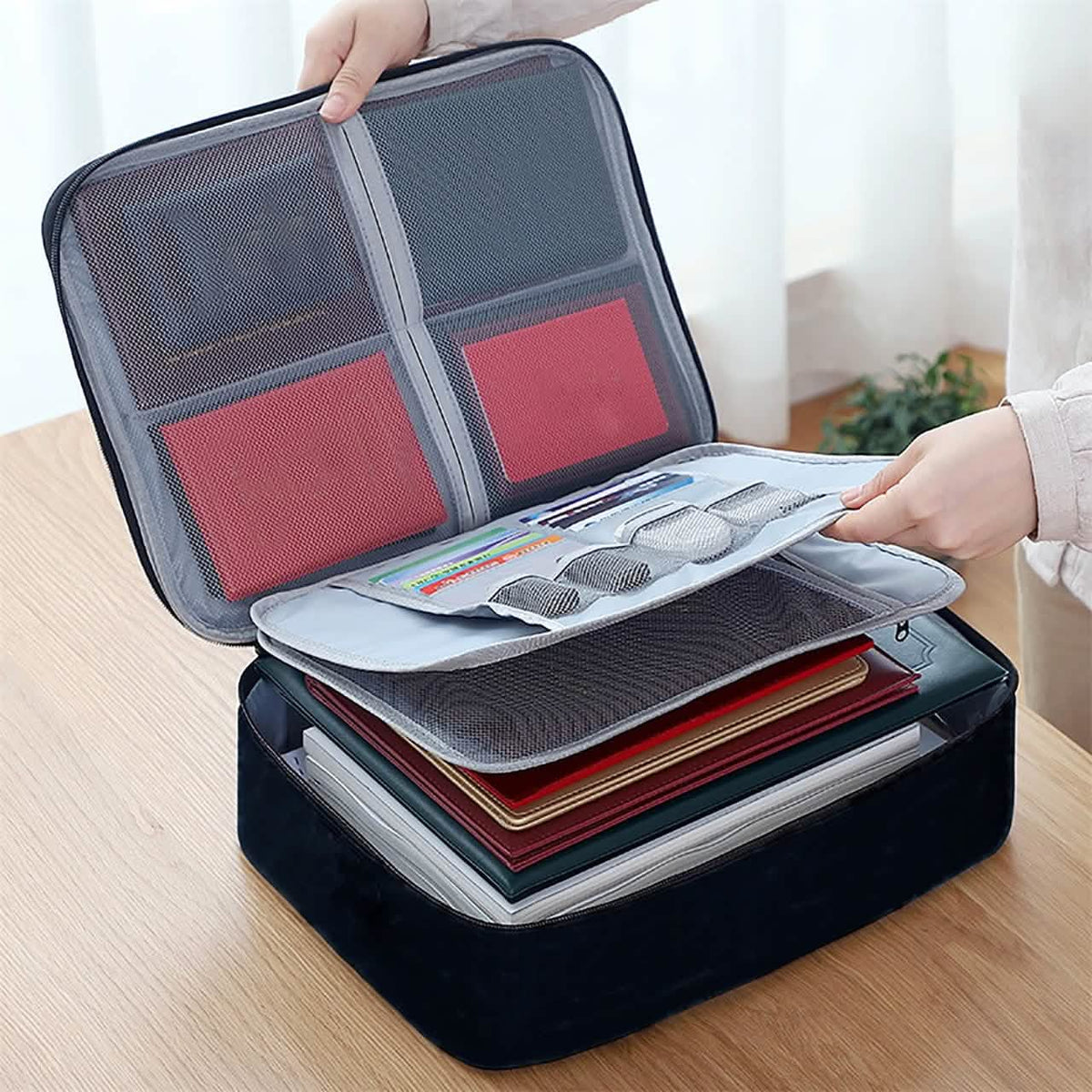 Fireproof Document Organizer Box with Mesh Pockets, 14.6 Inch
