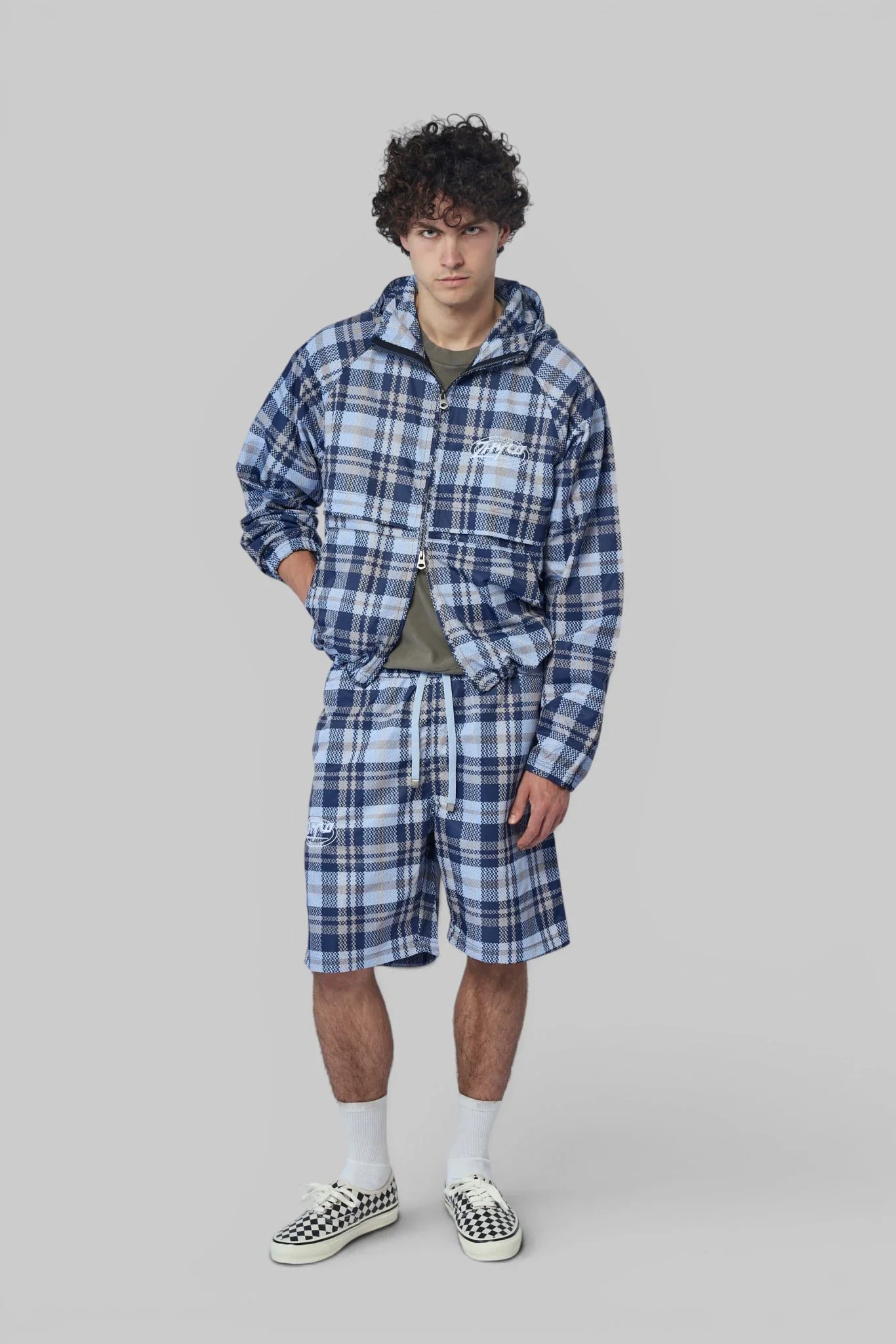Hooded Plaid Windbreaker Jacket